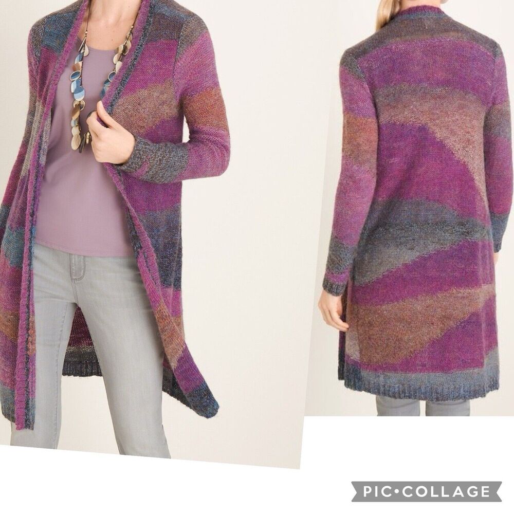 Chico's Multicolor Open-Front Knit Cardigan in Purple, Brown & Gray